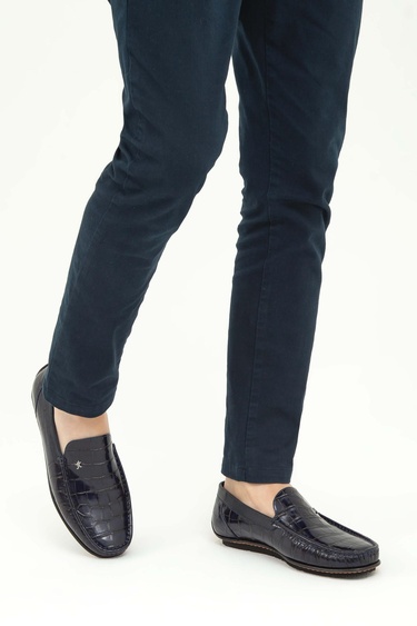  Tamer Tanca Erkek Hakiki Deri Lacivert Kroko Driver Ayakkabı