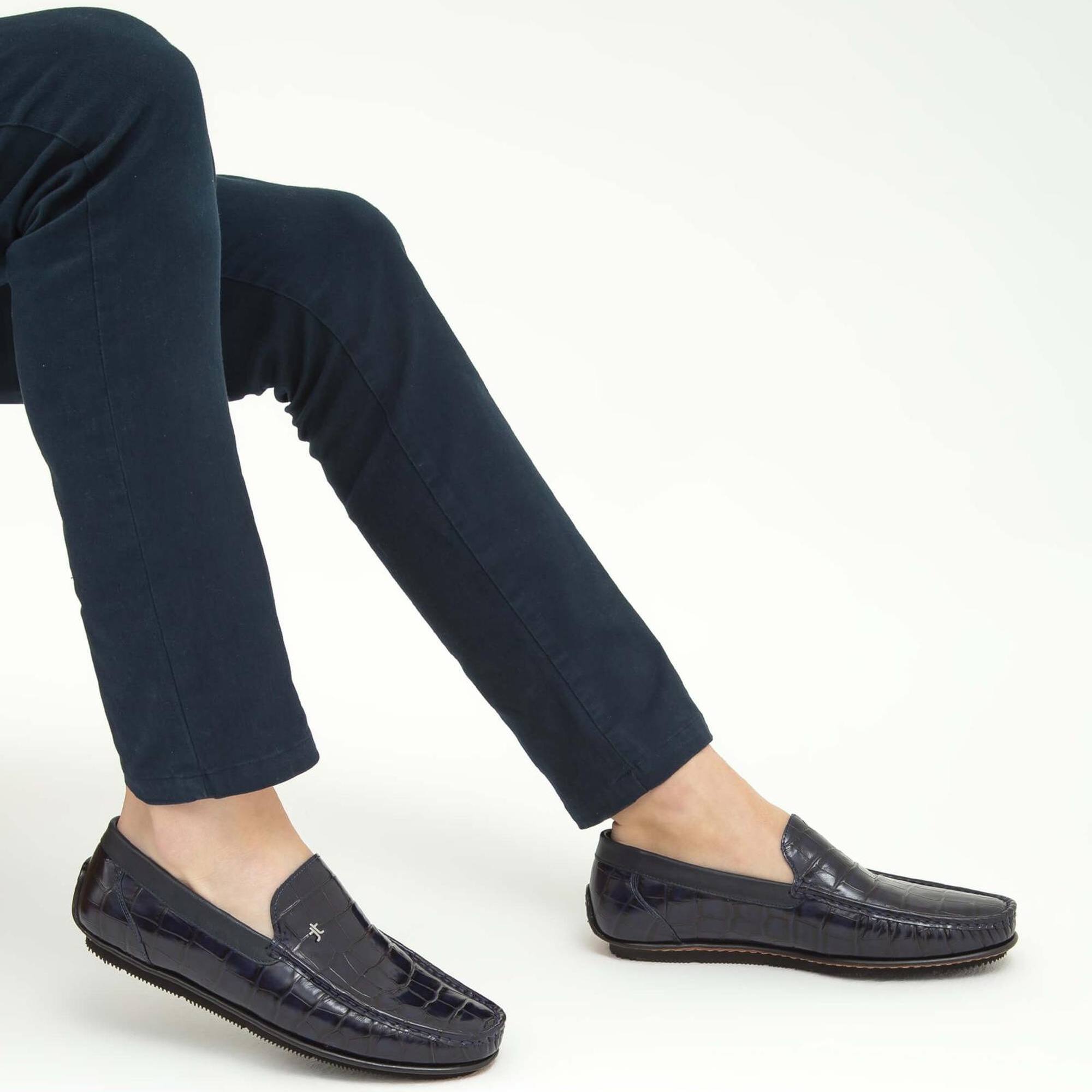 Tamer Tanca Erkek Hakiki Deri Lacivert Kroko Driver Ayakkabı