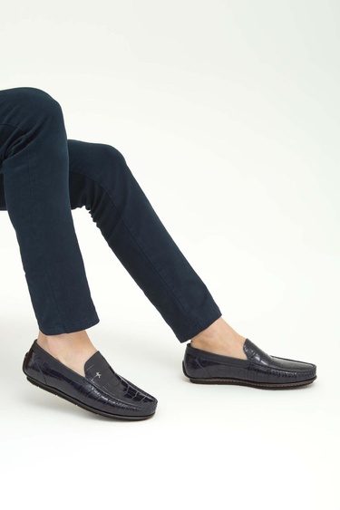  Tamer Tanca Erkek Hakiki Deri Lacivert Kroko Driver Ayakkabı