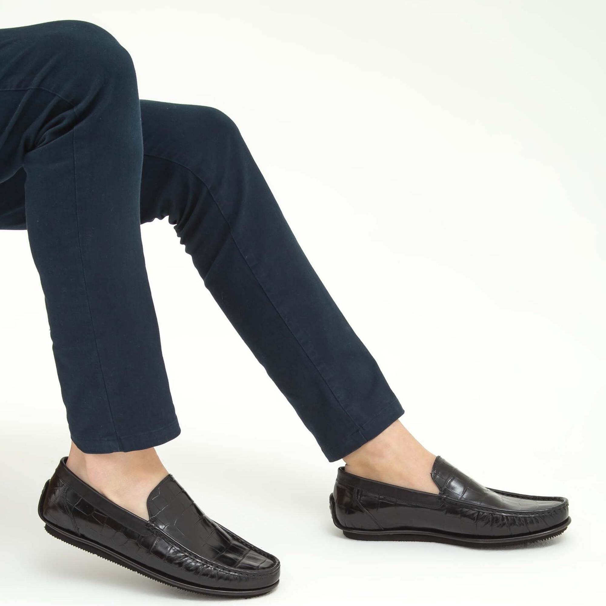 Tamer Tanca Erkek Hakiki Deri Siyah Kroko Driver Ayakkabı