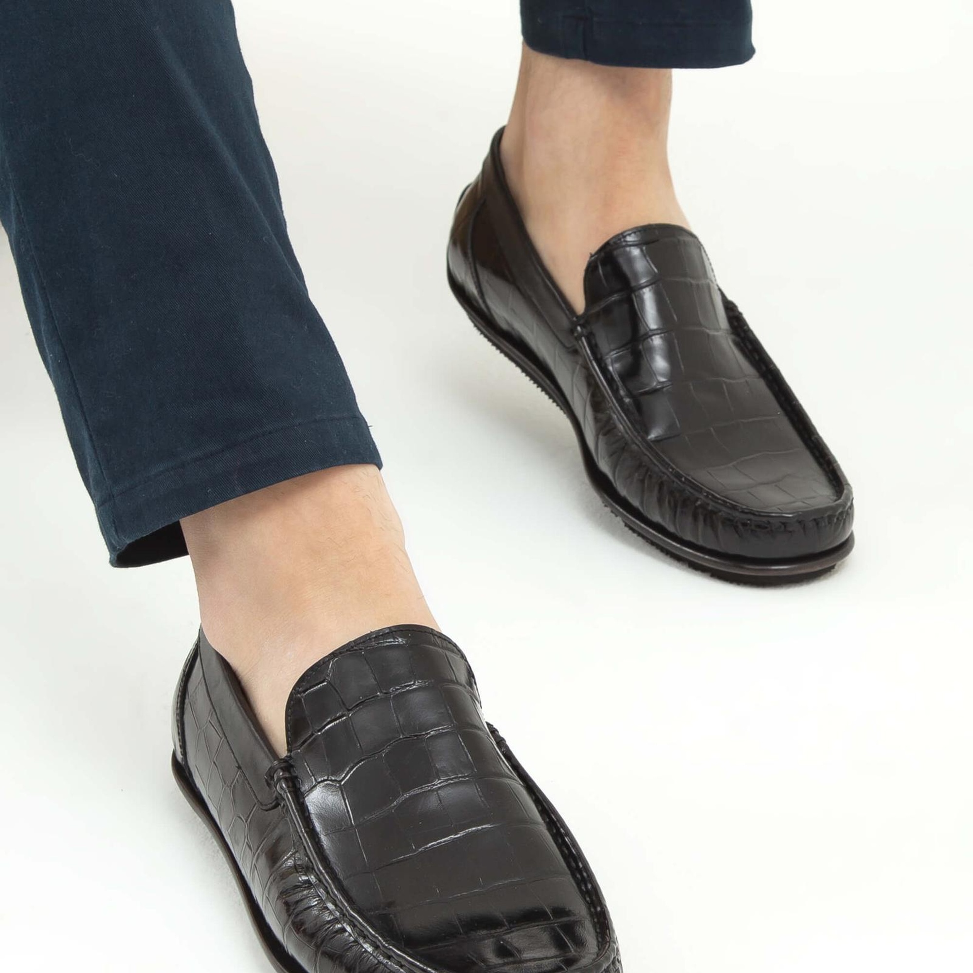 Tamer Tanca Erkek Hakiki Deri Siyah Kroko Driver Ayakkabı