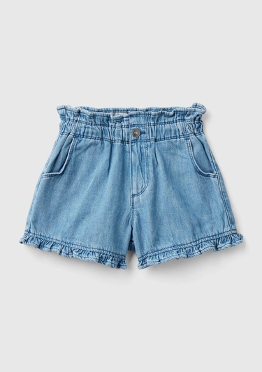  Kız Çocuk Mavi Eskitilmiş Efektli Arkası Yama Cepli Fırfırlı Şort