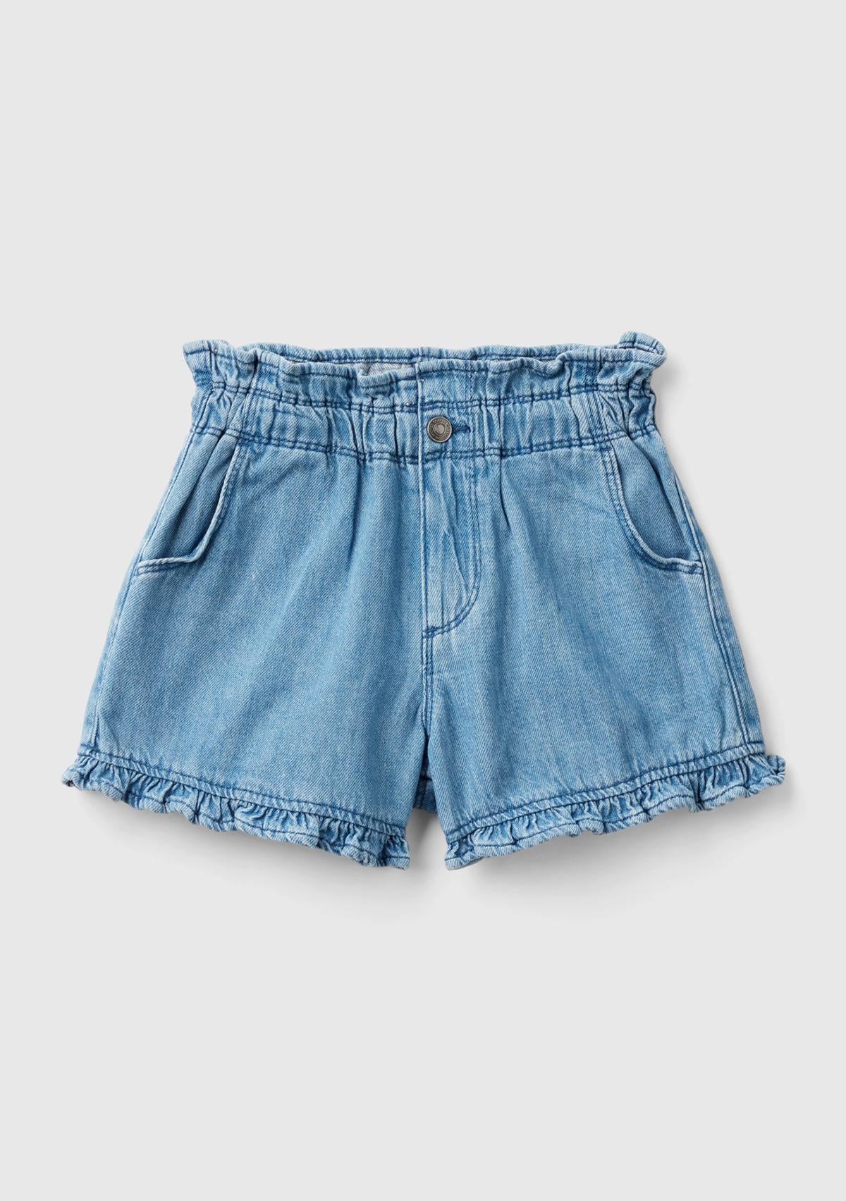 Kız Çocuk Mavi Eskitilmiş Efektli Arkası Yama Cepli Fırfırlı Şort