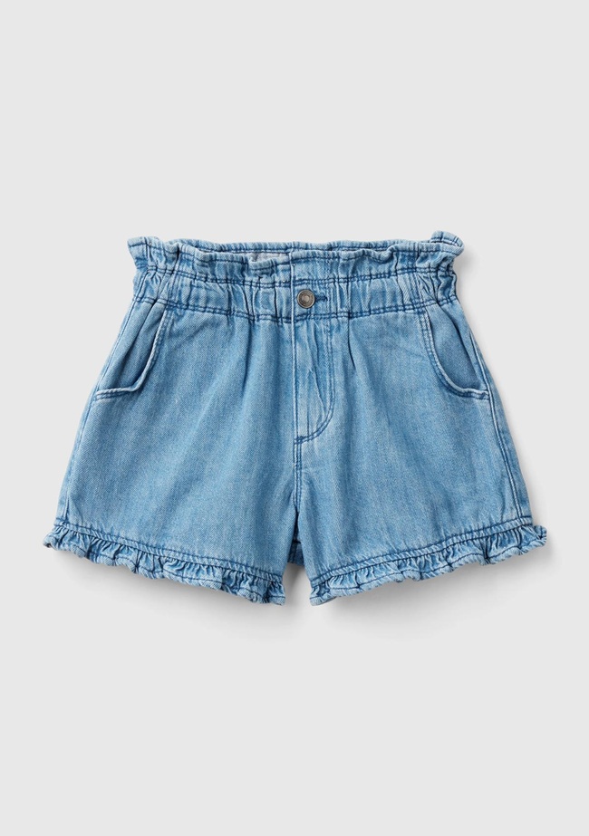  Kız Çocuk Mavi Eskitilmiş Efektli Arkası Yama Cepli Fırfırlı Şort