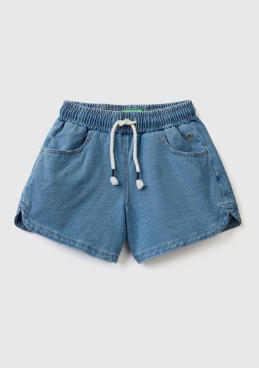  Kız Çocuk Mavi Logo İşlemeli Beli Büzgülü Koyu Yıkama Bermuda Şort