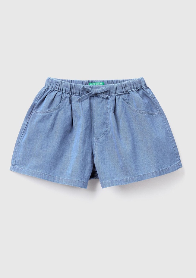  Kız Çocuk Açık Denim Beli Büzgülü Arka Cebi Logo İşlemeli Şort