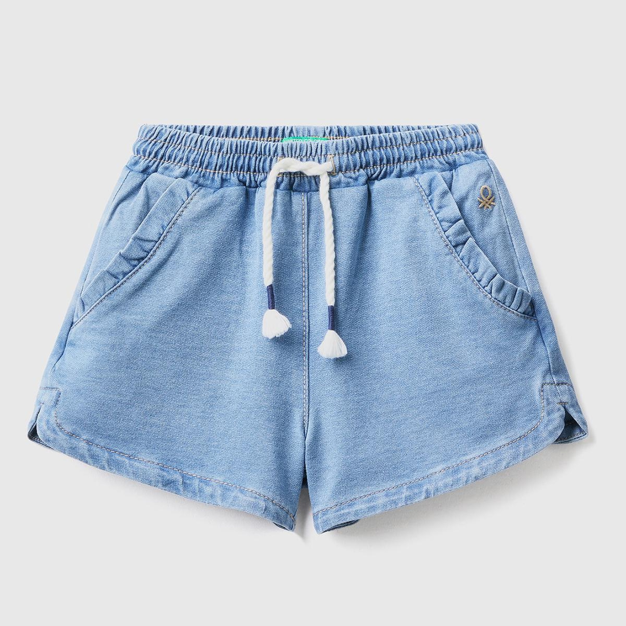 Kız Çocuk Açık Denim Beli Büzgülü Fırfırlı Cep Detaylı Denim Şort