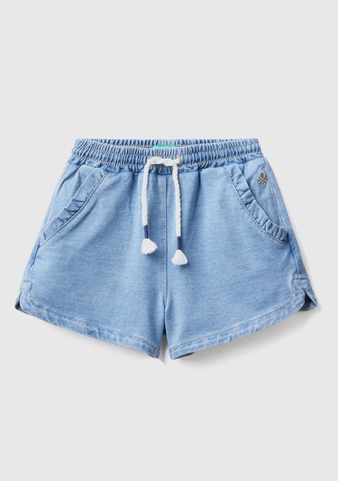  Kız Çocuk Açık Denim Beli Büzgülü Fırfırlı Cep Detaylı Denim Şort