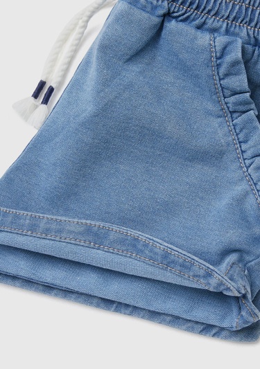  Kız Çocuk Açık Denim Beli Büzgülü Fırfırlı Cep Detaylı Denim Şort