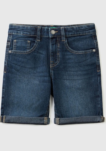  Erkek Çocuk Lacivert Logo İşlemeli 5 Cepli Kemer Delikli Denim Kısa Bermuda Şort