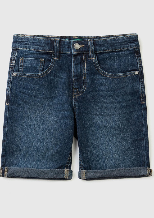  Erkek Çocuk Lacivert Logo İşlemeli 5 Cepli Kemer Delikli Denim Kısa Bermuda Şort