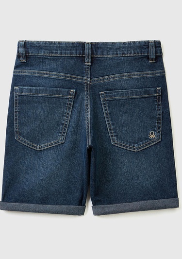  Erkek Çocuk Lacivert Logo İşlemeli 5 Cepli Kemer Delikli Denim Kısa Bermuda Şort