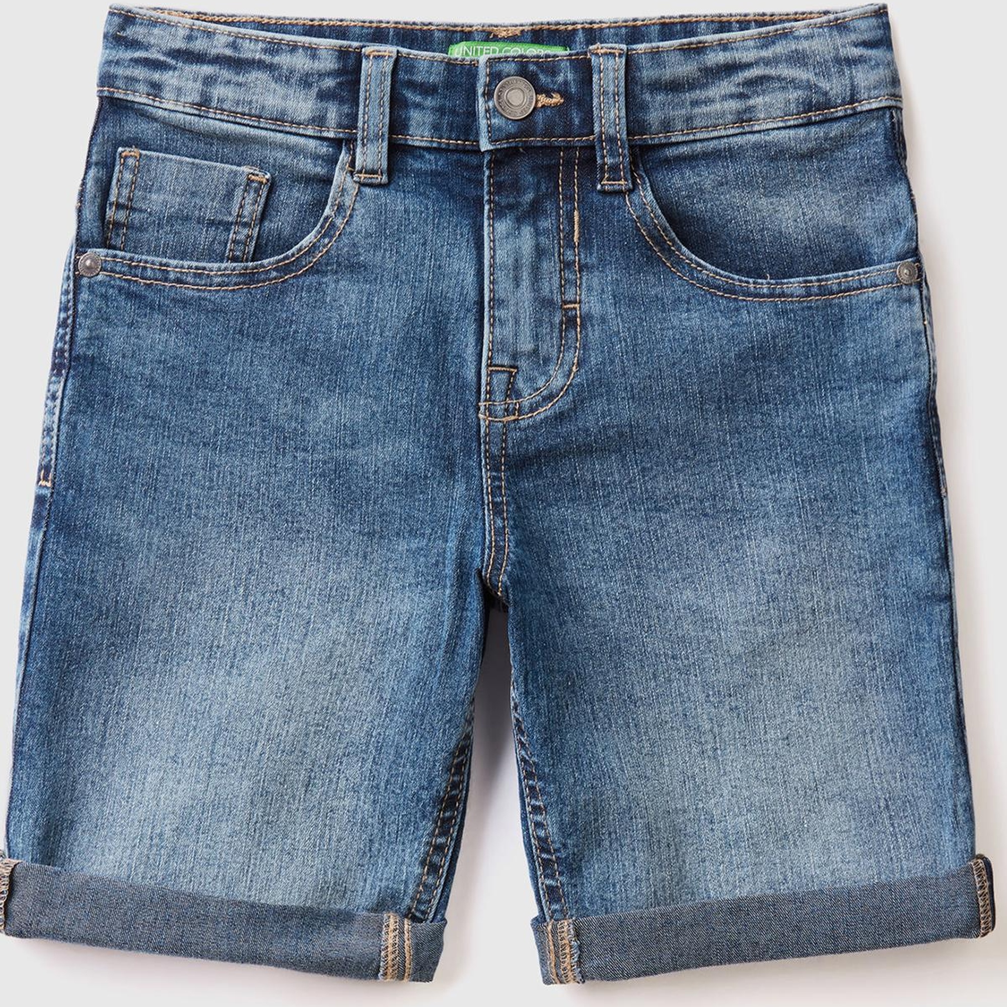 Erkek Çocuk Açık Mavi Logo İşlemeli 5 Cepli Kemer Delikli Denim Kısa Bermuda Şort