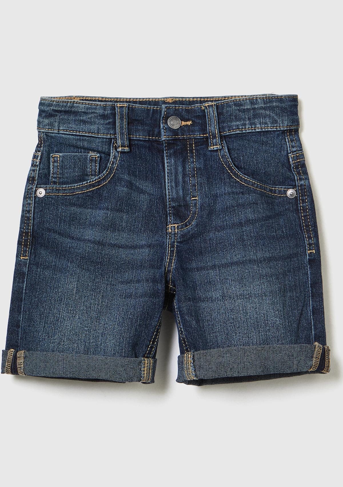  Erkek Çocuk Lacivert Arkası Logo İşlemeli 5 Cepli Ağartılmış Denim Bermuda Şort