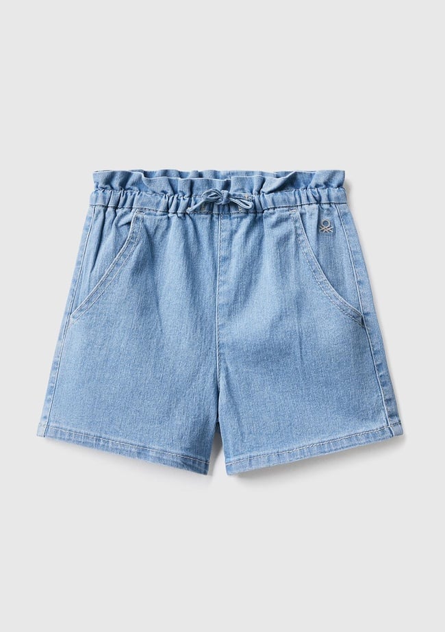  Kız Çocuk Açık Mavi Beli Büzgülü Cebi Logo İşlemeli Kısa Denim Şort