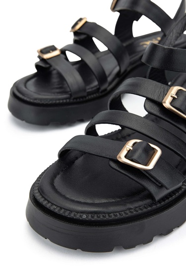  Tamer Tanca Kadın Hakiki Deri Siyah Deri Topuklu Sandalet