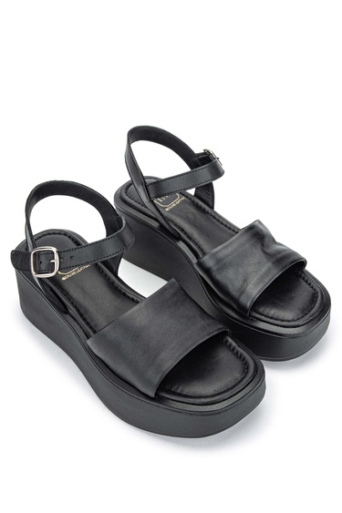  Tamer Tanca Kadın Hakiki Deri Siyah Deri Topuklu Sandalet