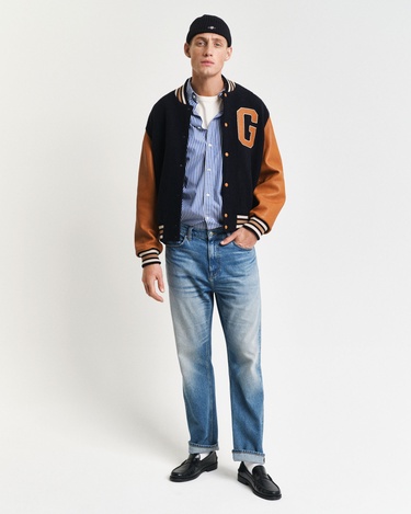  GANT Erkek Mavi Regular Fit Düğmeli Yaka Çizgili Poplin Gömlek