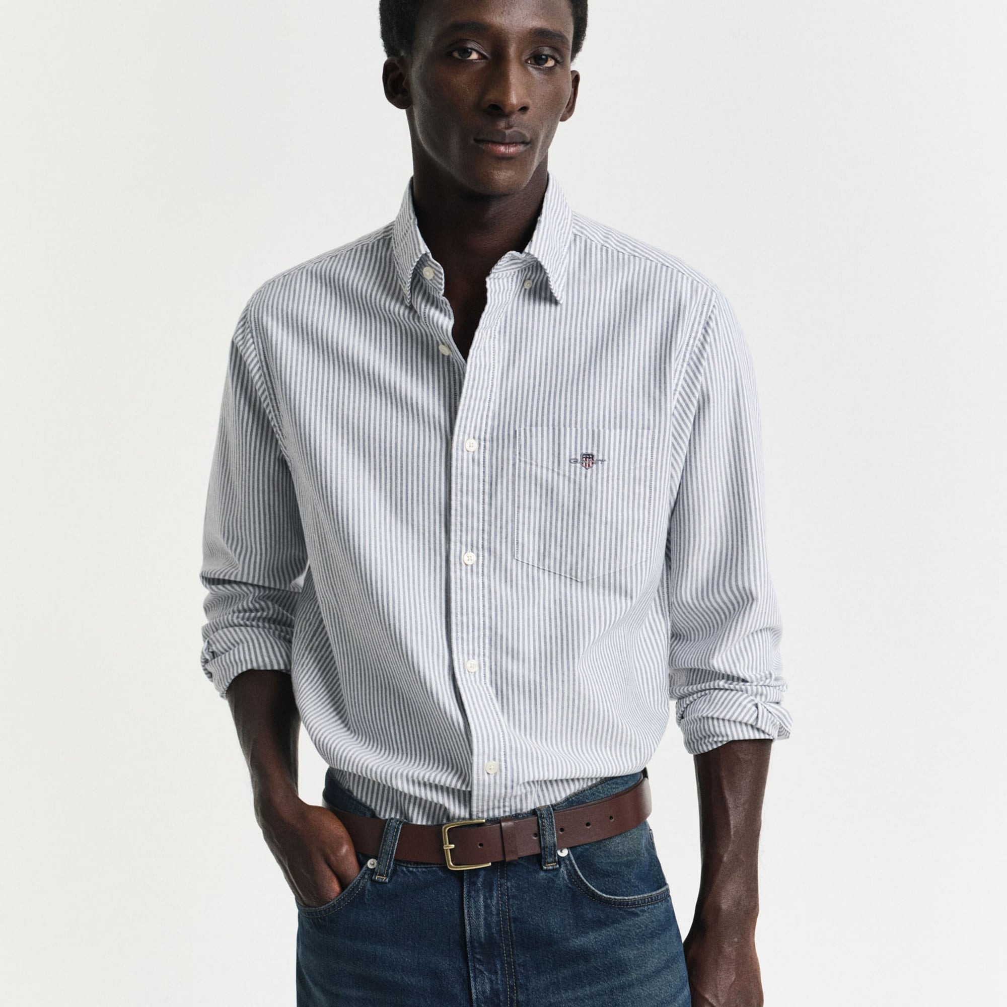 GANT Erkek Mavi Regular Fit Düğmeli Yaka Çizgili Oxford Gömlek