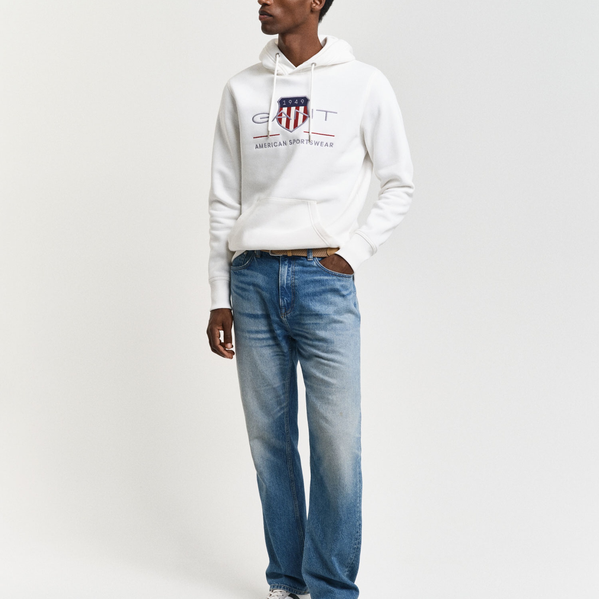 GANT Erkek Beyaz Regular Fit Kapüşonlu Logolu Sweatshirt