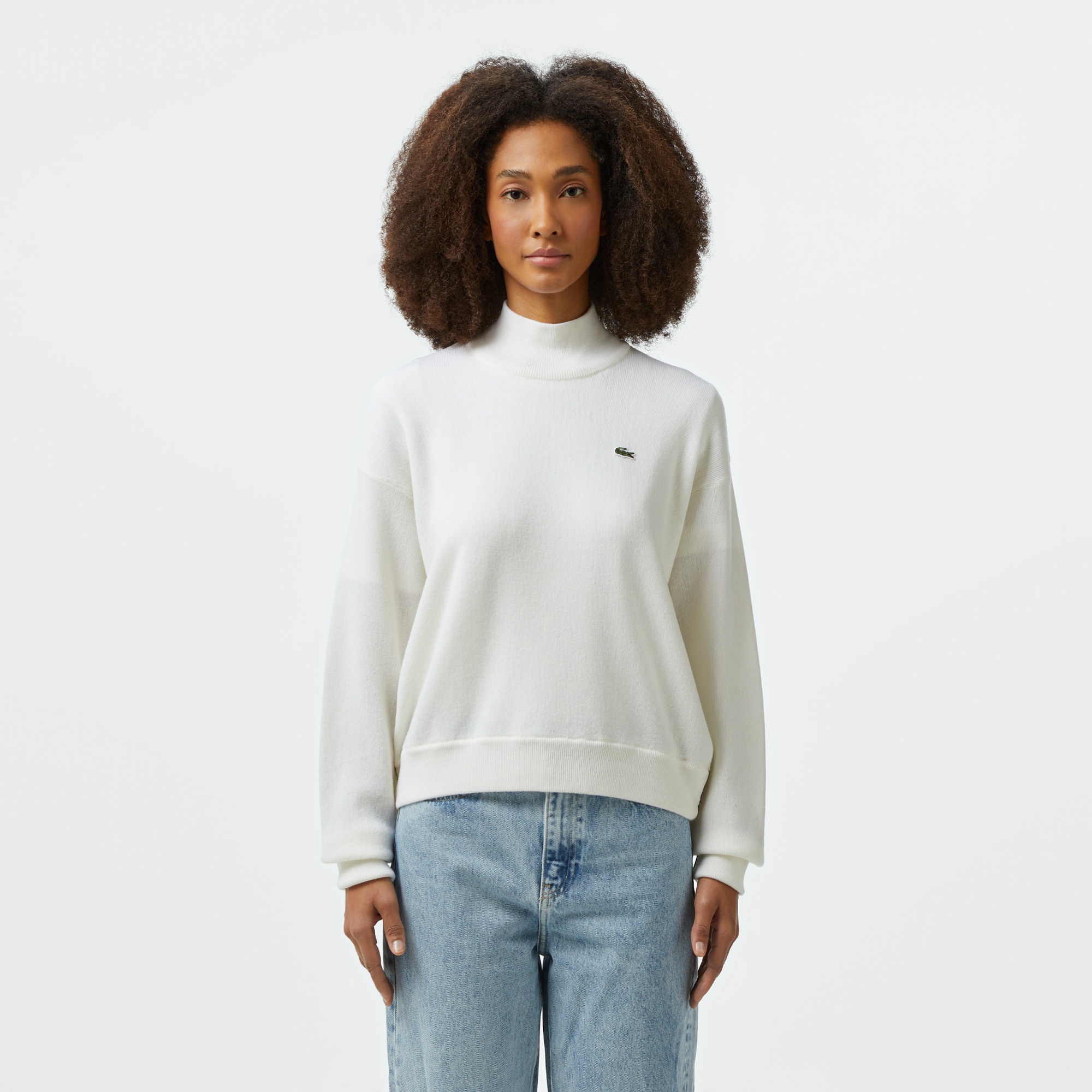 Kadın Relaxed Fit Polo Yaka Yün Beyaz Triko