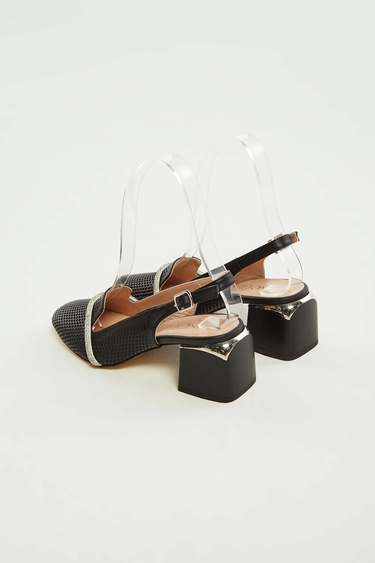  Tamer Tanca Kadın Hakiki Deri Siyah Deri Topuklu Sandalet