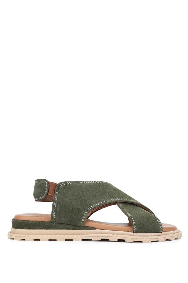  Tamer Tanca Kadın Vegan Haki Süet Düz Sandalet