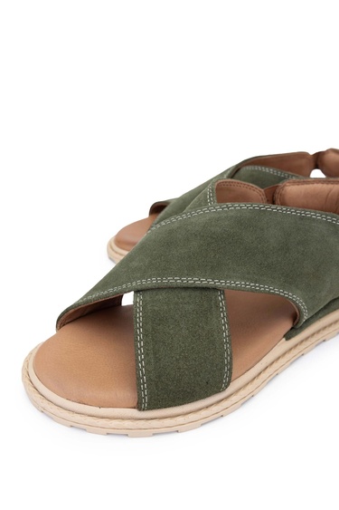  Tamer Tanca Kadın Vegan Haki Süet Düz Sandalet