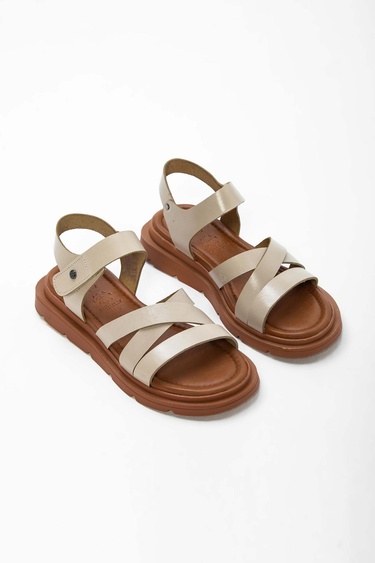  Tamer Tanca Kadın Hakiki Deri Bej Düz Sandalet