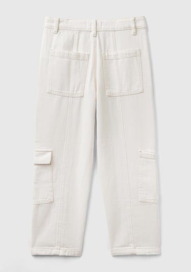  Kız Çocuk Krem Büyük Yama Cepli Kargo Pantolon