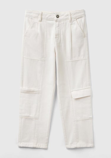 Kız Çocuk Krem Büyük Yama Cepli Kargo Pantolon