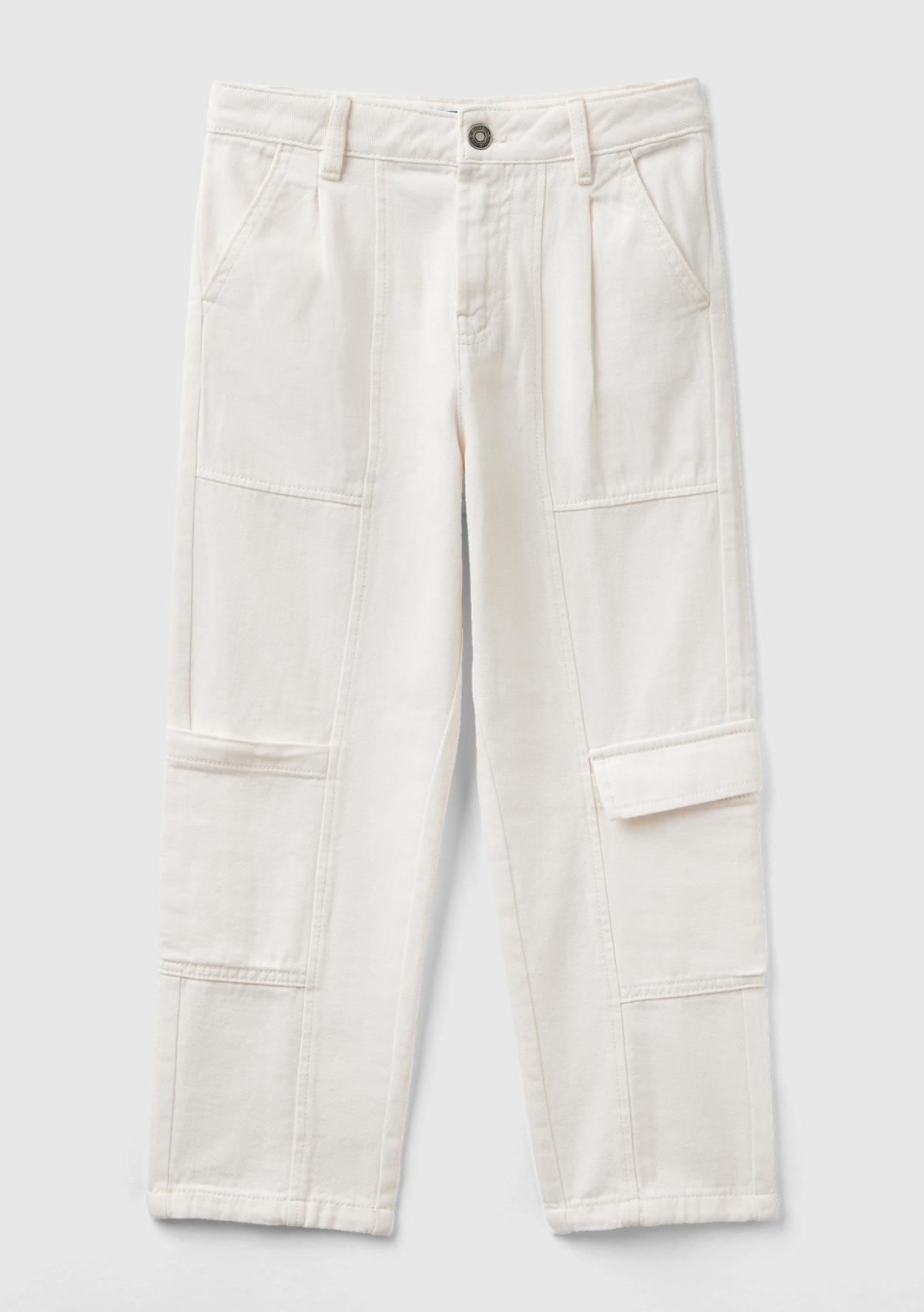  Kız Çocuk Krem Büyük Yama Cepli Kargo Pantolon