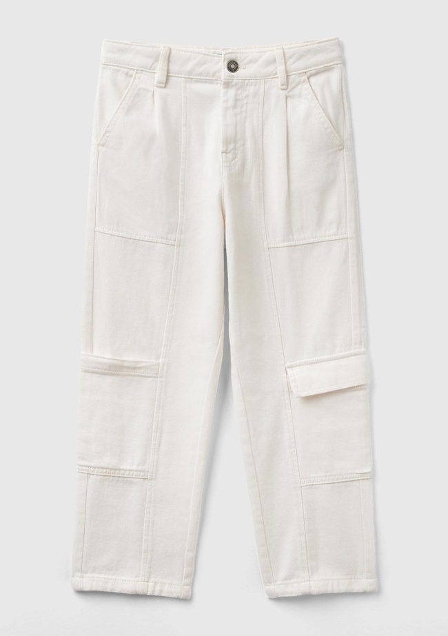  Kız Çocuk Krem Büyük Yama Cepli Kargo Pantolon