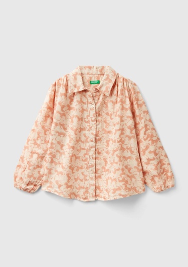  Kız Çocuk Açık Pembe Düğme Kapamalı Tamamı Desenli Uzun Kollu Gömlek
