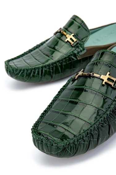  Tamer Tanca Erkek Hakiki Deri Yeşil Kroko Terlik