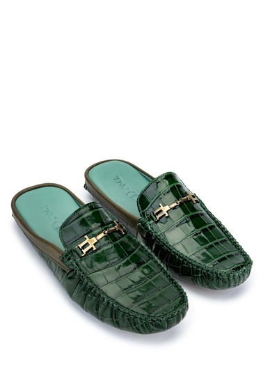  Tamer Tanca Erkek Hakiki Deri Yeşil Kroko Terlik