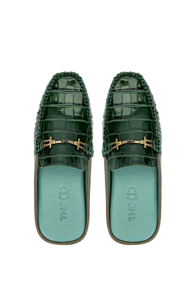  Tamer Tanca Erkek Hakiki Deri Yeşil Kroko Terlik