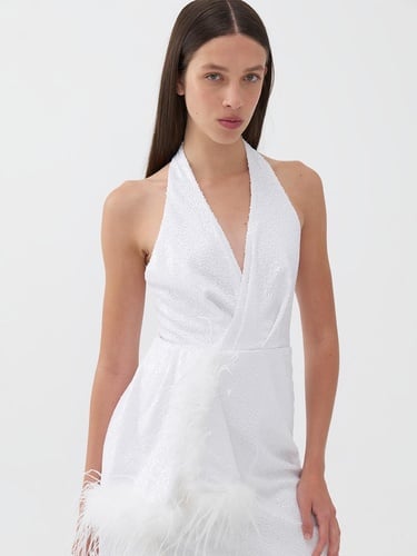  Payetli Otriş Tüy Detaylı Elbise