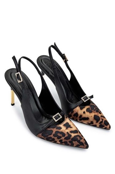  Tamer Tanca Kadın Vegan Siyah/Leopar Stiletto Ayakkabı