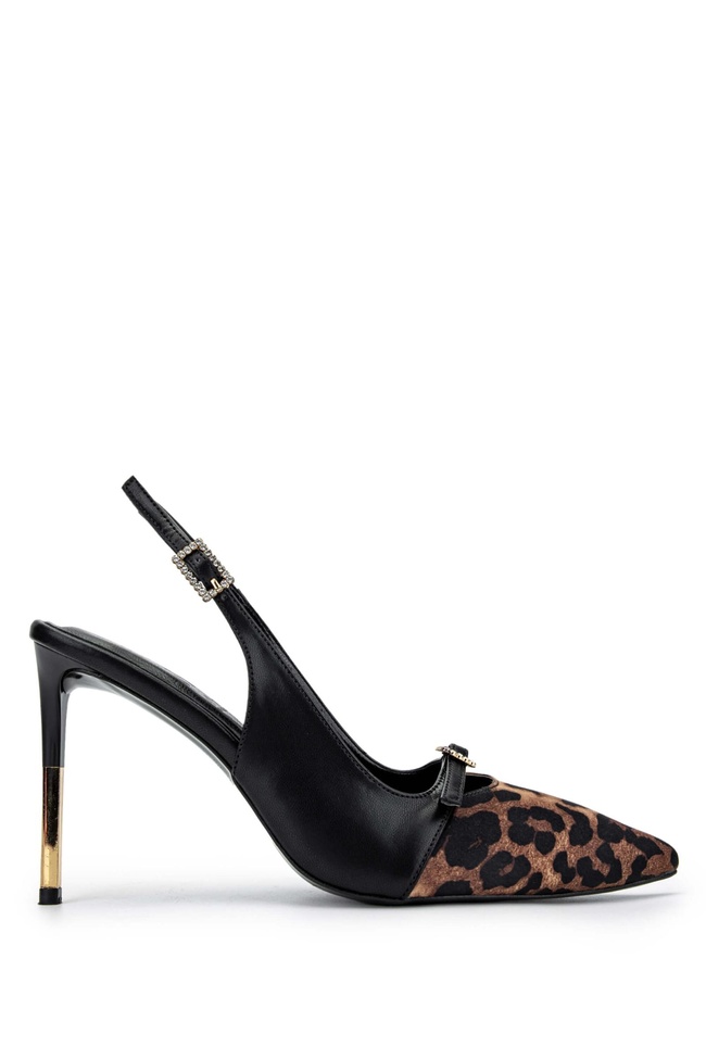  Tamer Tanca Kadın Vegan Siyah/Leopar Stiletto Ayakkabı
