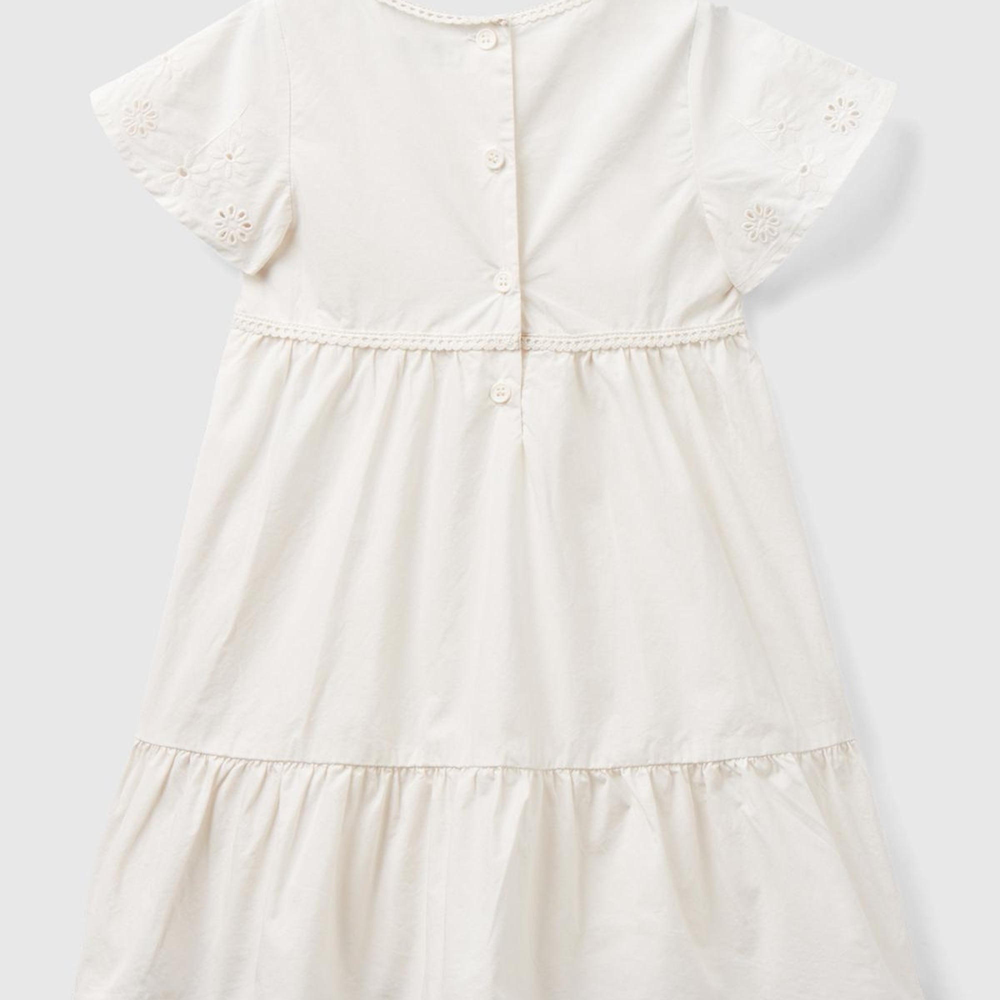 Kız Çocuk Krem Kolları Çiçek Motifli Arkası Düğmeli Bisiklet Yaka Elbise