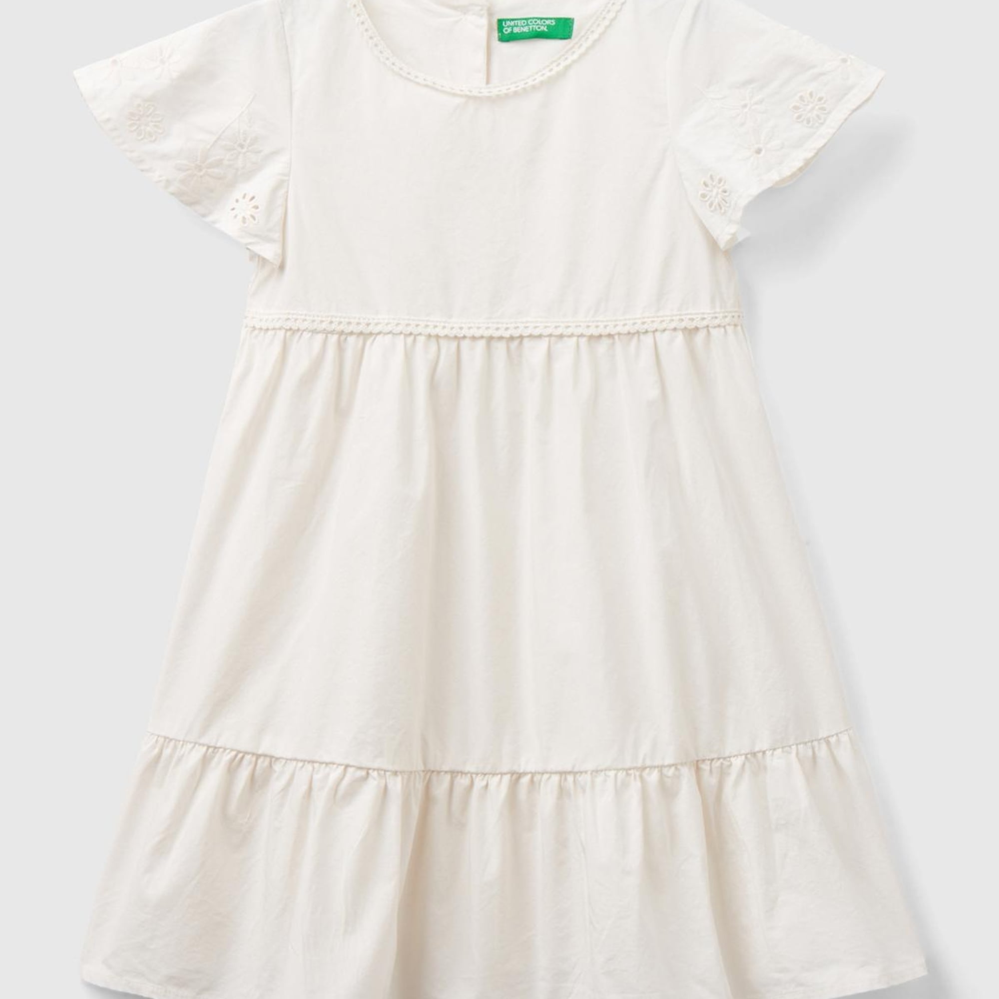 Kız Çocuk Krem Kolları Çiçek Motifli Arkası Düğmeli Bisiklet Yaka Elbise