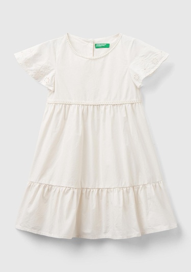  Kız Çocuk Krem Kolları Çiçek Motifli Arkası Düğmeli Bisiklet Yaka Elbise