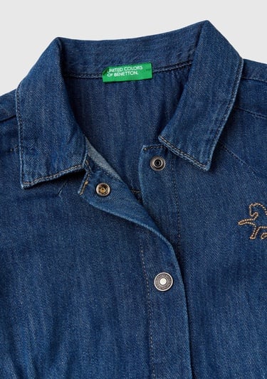  Kız Çocuk Lacivert Gömlek Yaka Yama Cepli Geniş Kesim Mini Denim Elbise