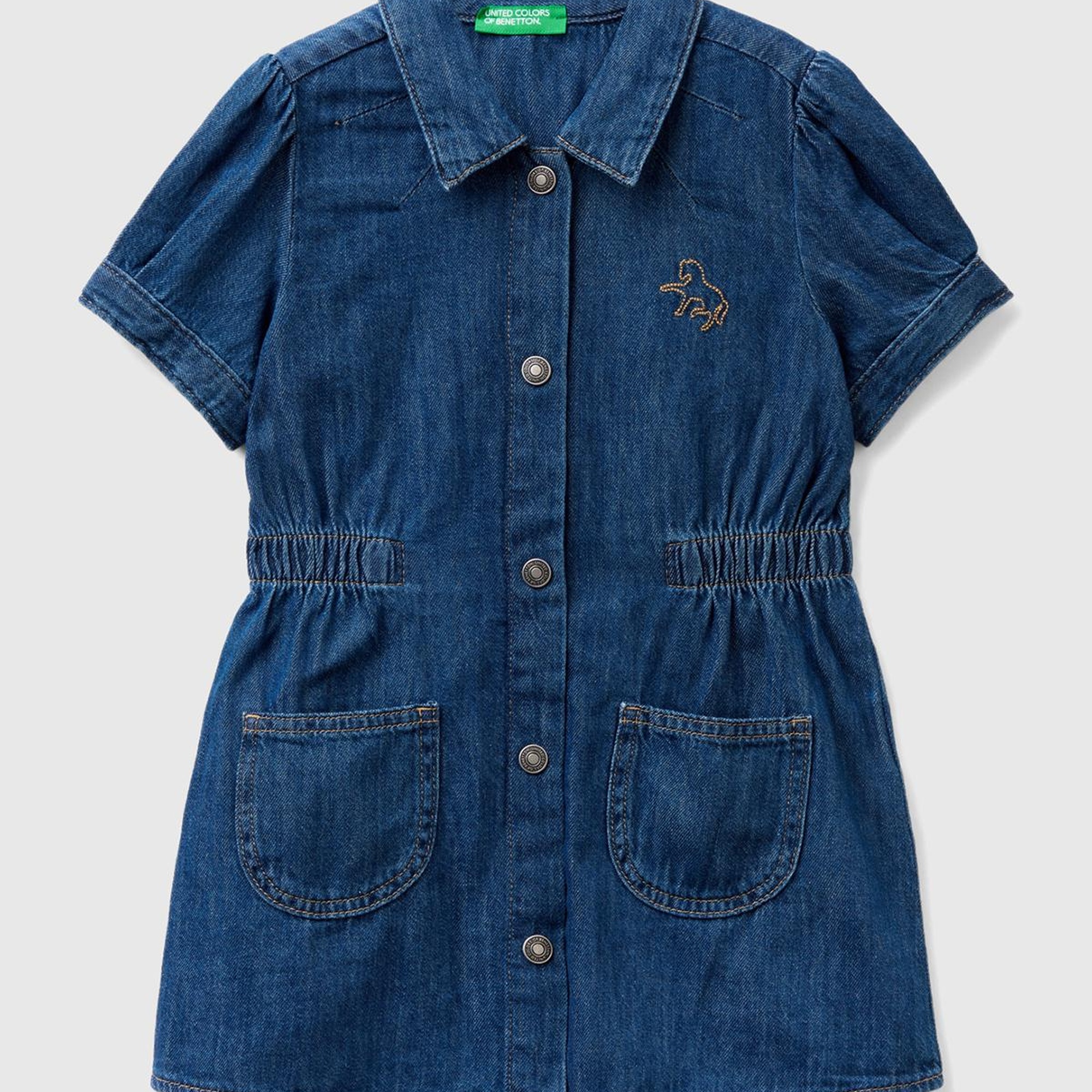 Kız Çocuk Lacivert Gömlek Yaka Yama Cepli Geniş Kesim Mini Denim Elbise