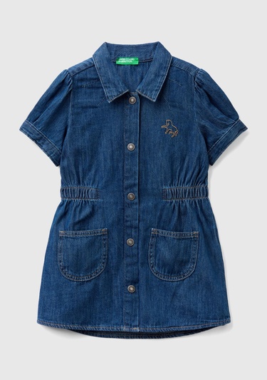  Kız Çocuk Lacivert Gömlek Yaka Yama Cepli Geniş Kesim Mini Denim Elbise