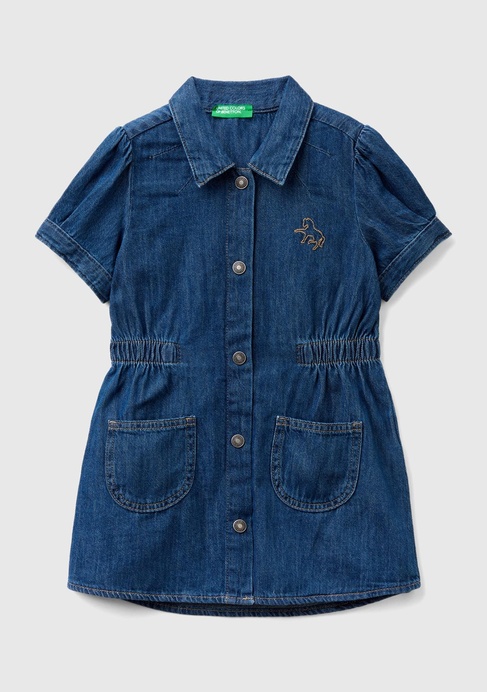  Kız Çocuk Lacivert Gömlek Yaka Yama Cepli Geniş Kesim Mini Denim Elbise