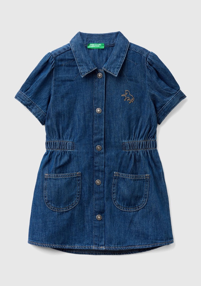  Kız Çocuk Lacivert Gömlek Yaka Yama Cepli Geniş Kesim Mini Denim Elbise