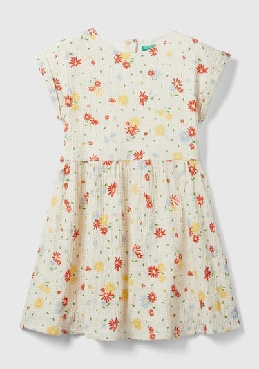  Kız Çocuk Krem Mix Arkası Düğmeli Tamamı Desenli Bisiklet Yaka Elbise