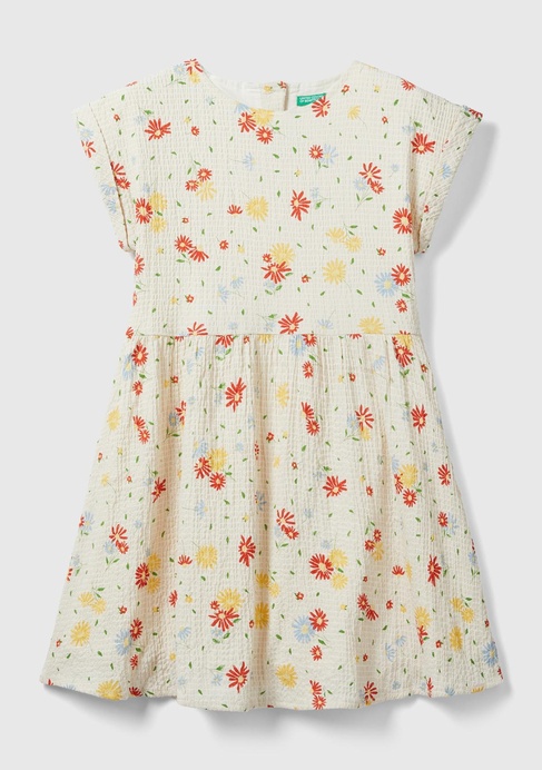  Kız Çocuk Krem Mix Arkası Düğmeli Tamamı Desenli Bisiklet Yaka Elbise